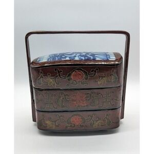 Vintage Chinese Lacquer 3 Tier Lunchbox Bento 8" Wedding Stacked Porcelain Inset